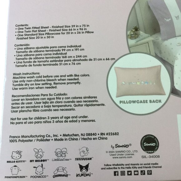 Hello Kitty and Friends Twin Sheet Set 3 Piece Set Lilac White Hello Kitty Kurom - Picture 3 of 4